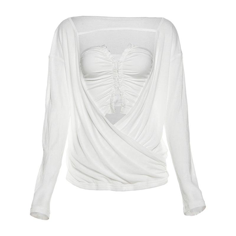 Long sleeve ruched button hollow out 2 piece top