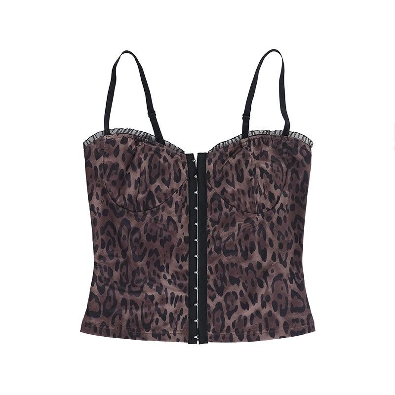 Haut camisole dos nu à volants et imprimé léopard à col en V 
