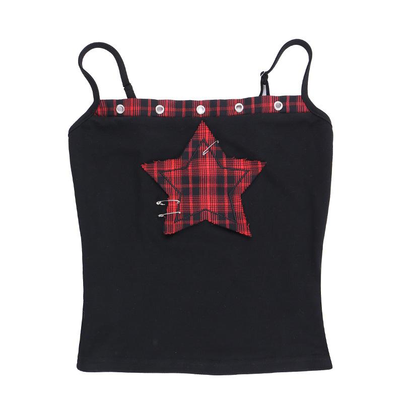 Square neck hollow out star print plaid cami top