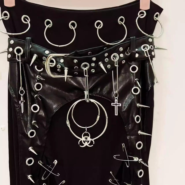 Jupe longue unie en cuir PU avec rivets en O 