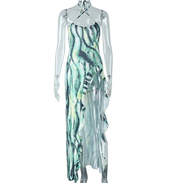 Vestido largo con cuello halter, lazo cruzado en la parte delantera, abertura alta y estampado de rayas 
