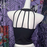 Top de cuello redondo calado con aplique de flor y broche de cadena de metal 