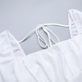 Long sleeve self tie square neck smocked mini dress