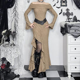Robe midi texturée fendue à manches longues évasées et épaules dénudées 