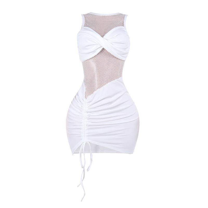 Ruched drawstring crewneck fishnet mini dress