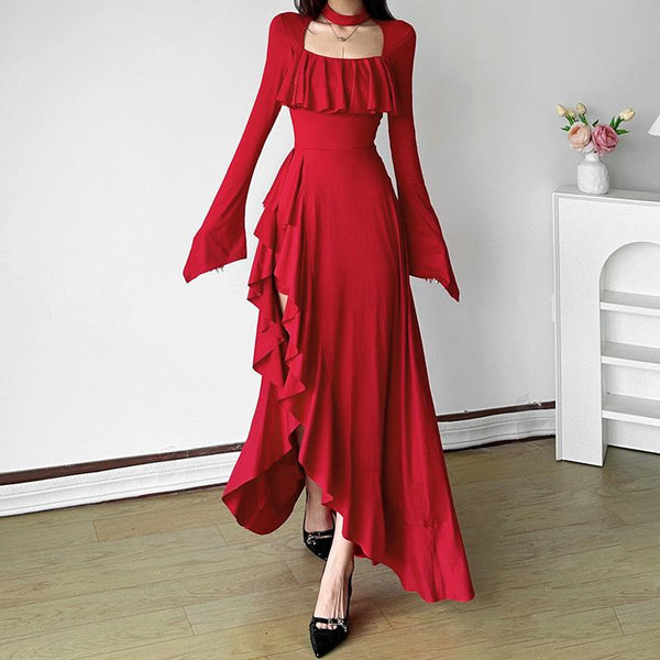 Vestido largo de manga larga con cuello cuadrado, volantes irregulares y cremallera 