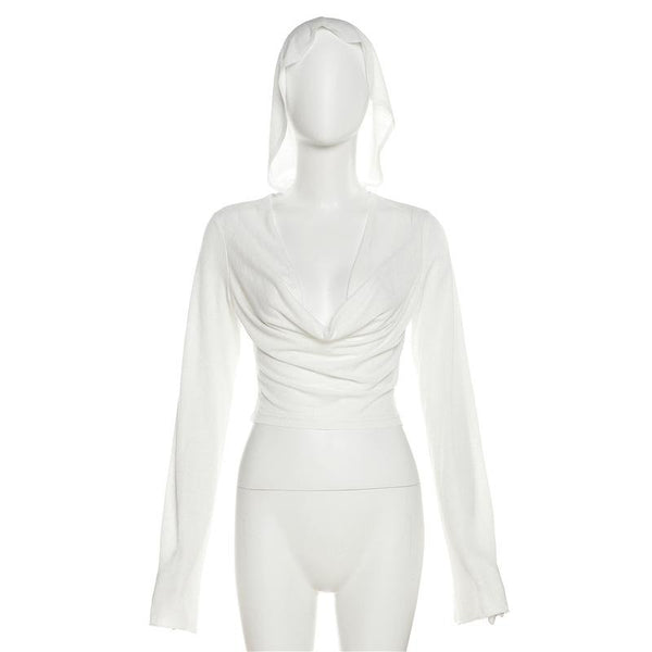 Long sleeve hoodie cowl neck solid crop top