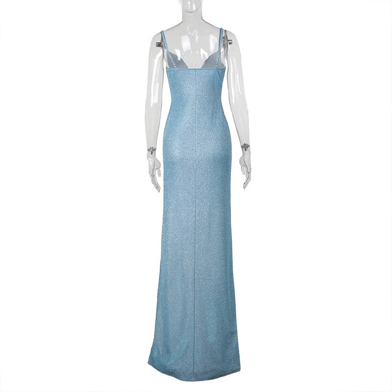 Robe longue camisole dos nu rembourrée à col en V et fente haute 