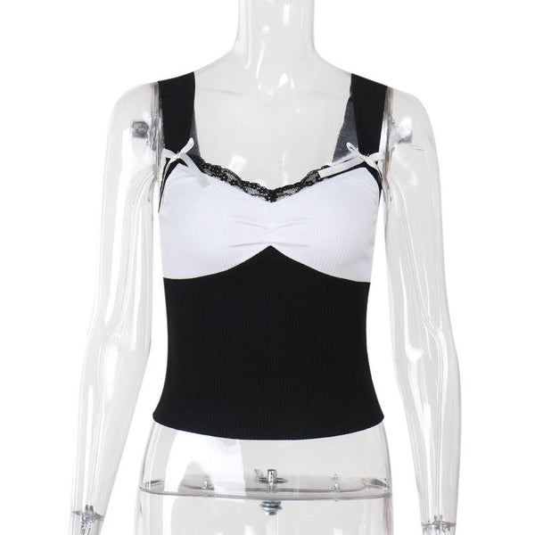 Bowknot v neck lace hem ribbed tank top