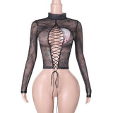 Haut à manches longues, col haut, lacets, maille transparente imprimée 