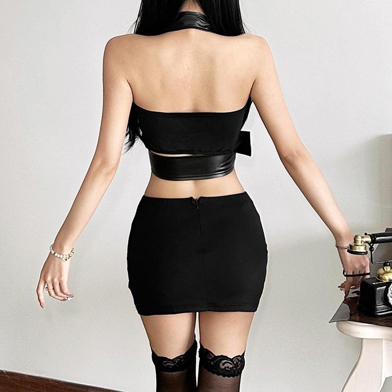 Halter lace hem PU leather 2 piece ruched top