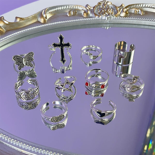 Bague croix papillon étoile cœur 10 pièces