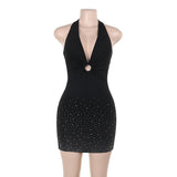 Halter self tie beaded ruched v neck mini dress