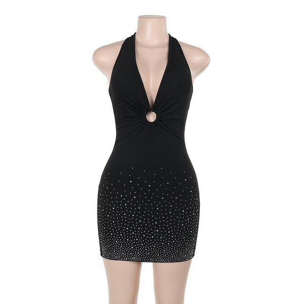 Vestido mini con cuello en V fruncido, cuentas y lazo estilo halter 