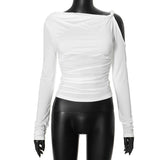 Irregular long sleeve hollow out ruched one shoulder top