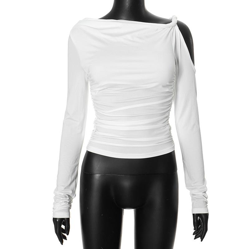 Irregular long sleeve hollow out ruched one shoulder top