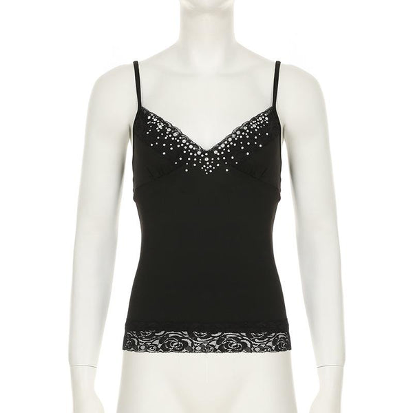 Haut camisole dos nu à col en V et ourlet en dentelle perlée 