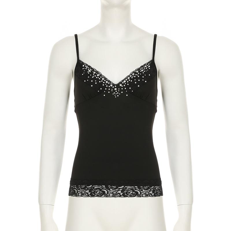 Beaded v neck lace hem backless cami top