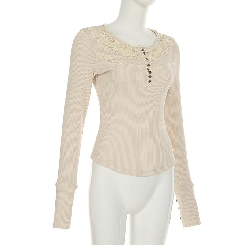 Round neck long sleeve lace ribbed solid top