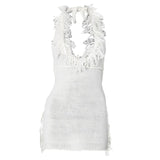 Minivestido de punto con espalda descubierta, borlas y cuello halter anudadas 