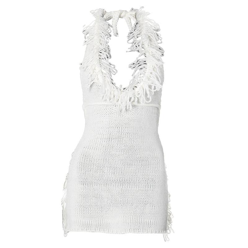 Minivestido de punto con espalda descubierta, borlas y cuello halter anudadas 