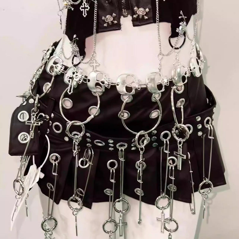 Metal chain o ring skull applique zip-up mini skirt set