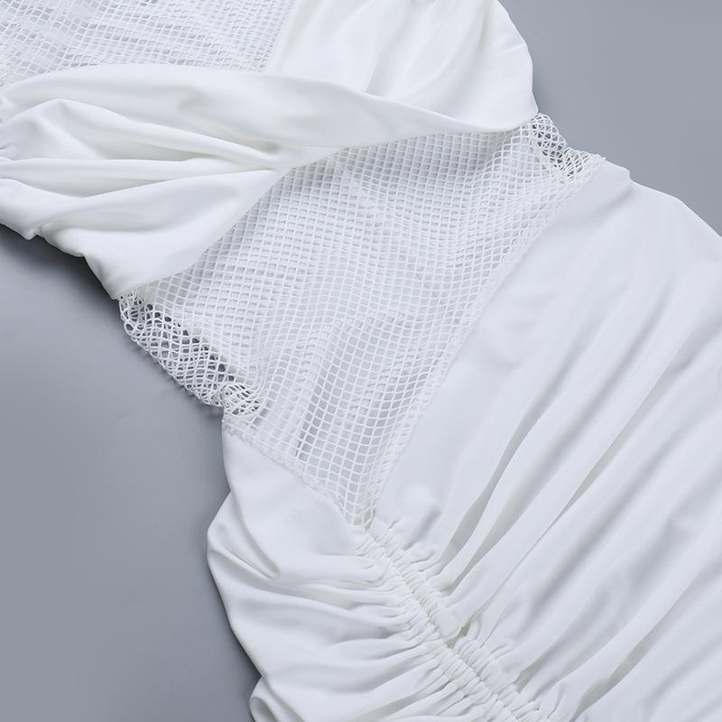 Ruched drawstring crewneck fishnet mini dress