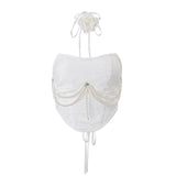 Top de tubo con apliques de flores, cordones y cuentas 