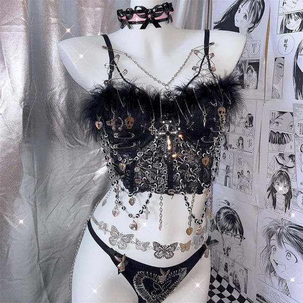 Top camisola con estampado de encaje esponjoso y aplique de alfiler con cadena de metal 