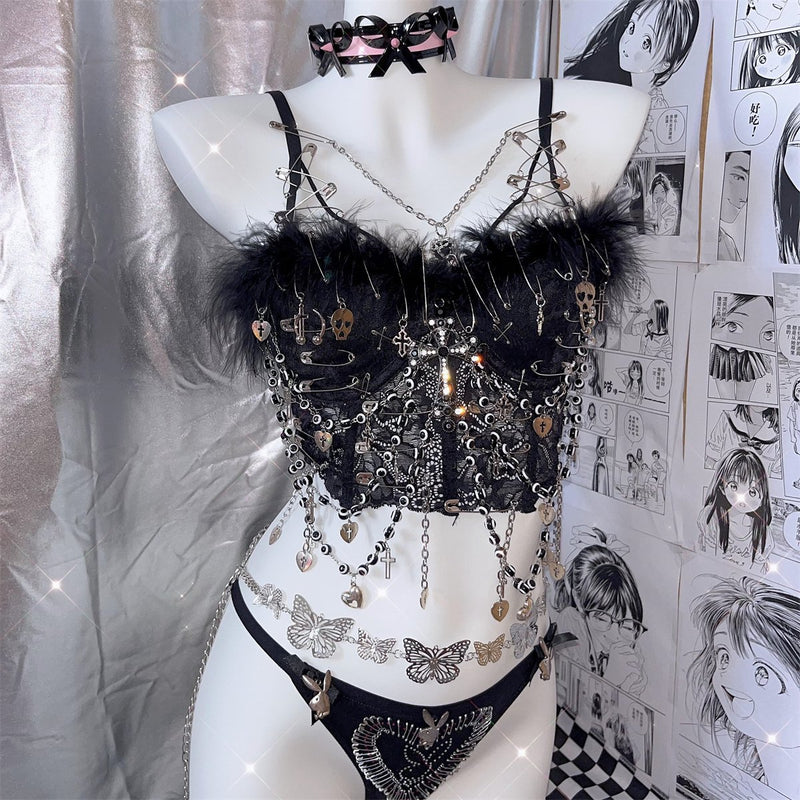 Top camisola con estampado de encaje esponjoso y aplique de alfiler con cadena de metal 