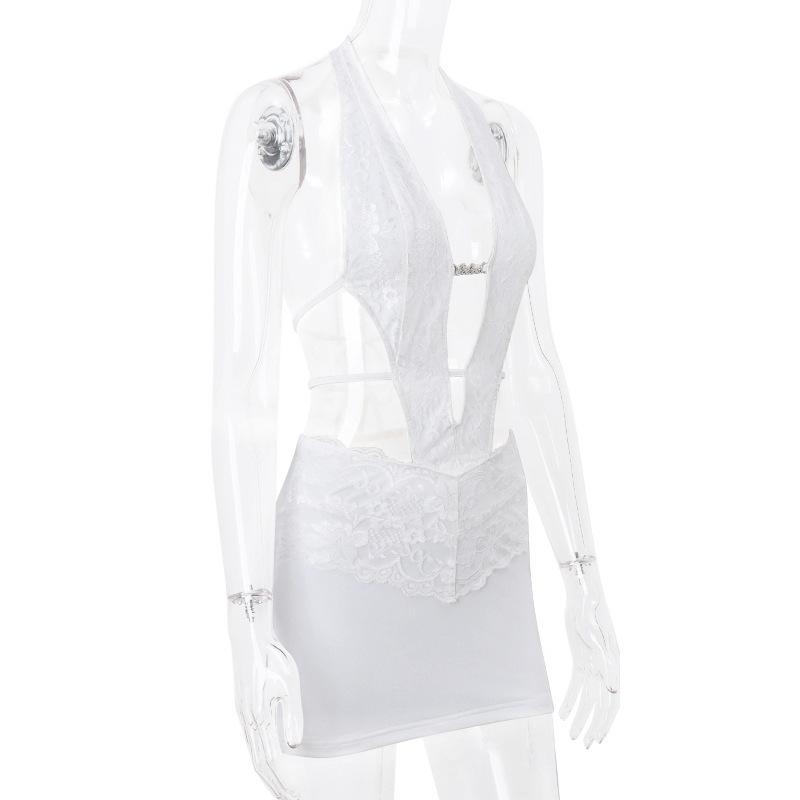Halter self tie lace hem hollow out mini dress