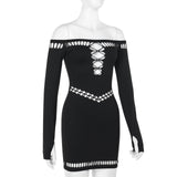 Off shoulder long sleeve gloves hollow out mini dress