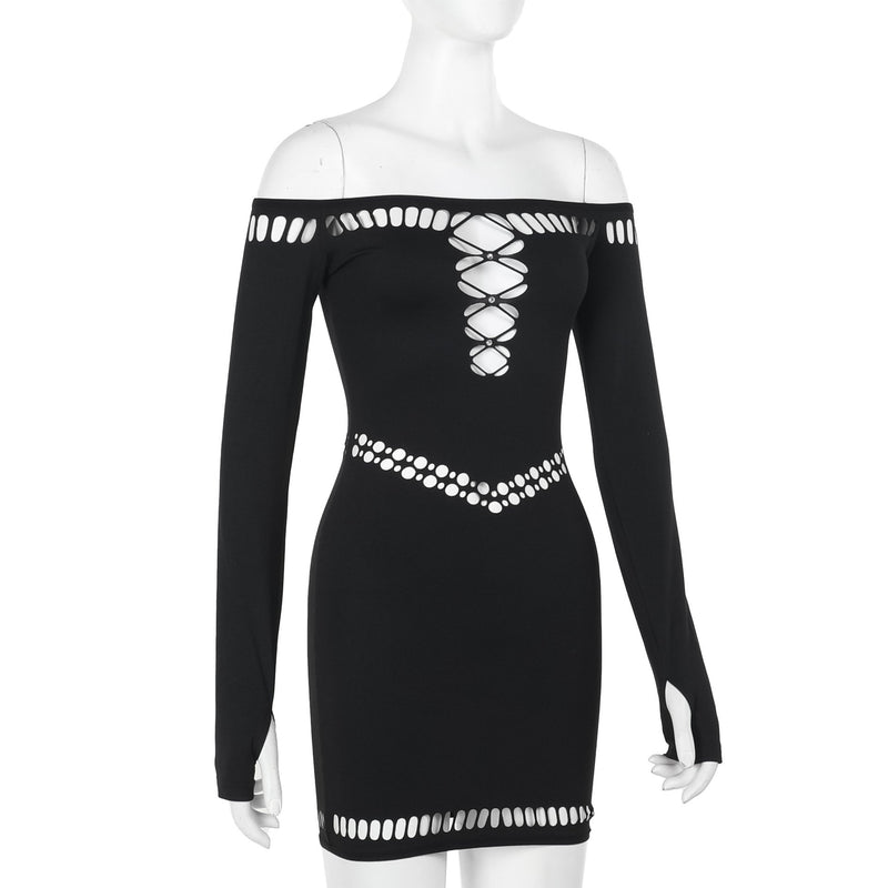 Off shoulder long sleeve gloves hollow out mini dress