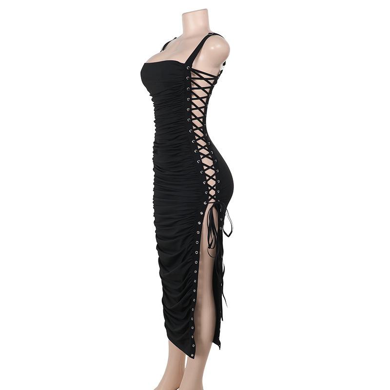 Square neck lace up ruched hollow out midi dress