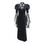 Vestido midi de encaje de terciopelo con abertura y mangas largas acampanadas y cuello redondo 