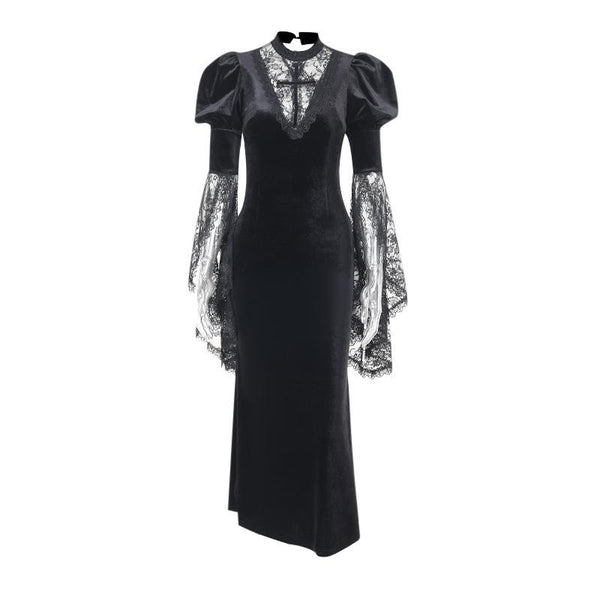 Vestido midi de encaje de terciopelo con abertura y mangas largas acampanadas y cuello redondo 