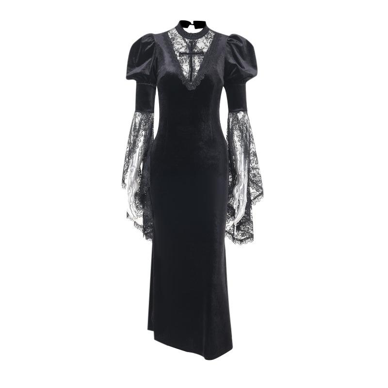 Vestido midi de encaje de terciopelo con abertura y mangas largas acampanadas y cuello redondo 