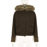 Fluffy hoodie long sleeve leopard print pocket zip-up top