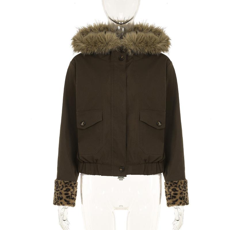 Fluffy hoodie long sleeve leopard print pocket zip-up top