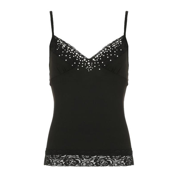 Haut camisole dos nu à col en V et ourlet en dentelle perlée 