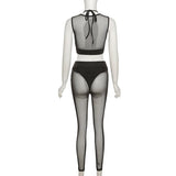 Conjunto de pantalón de tiro medio de malla hueca con cuello redondo 