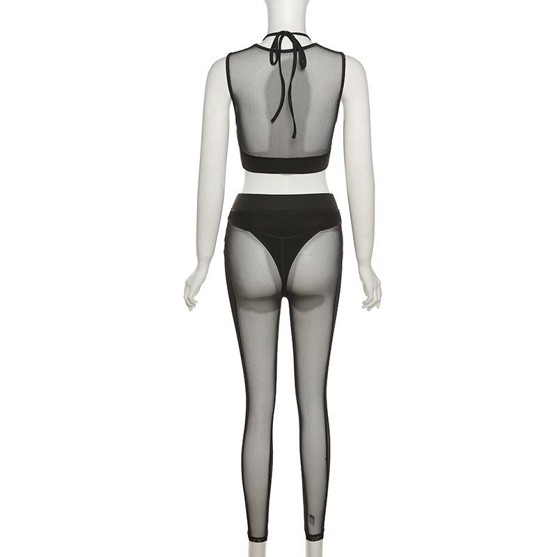 Conjunto de pantalón de tiro medio de malla hueca con cuello redondo 