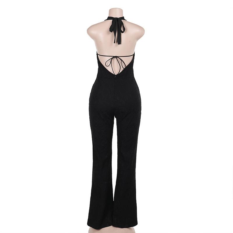 Halter self tie deep V neck lace backless jumpsuit