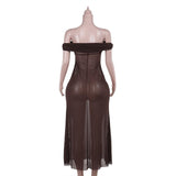 Off shoulder ruched mesh see through maxi dress