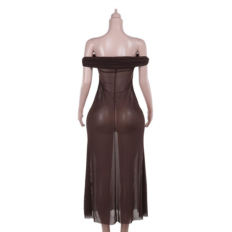 Off shoulder ruched mesh see through maxi dress