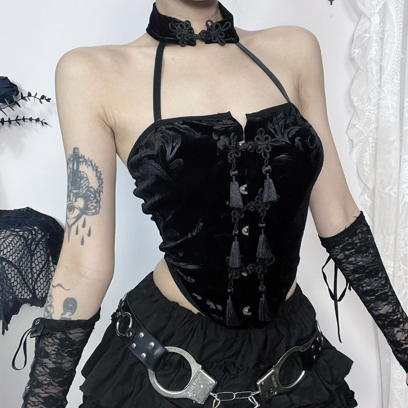 Top estampado sin espalda, calado y con botones halter 