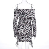 Long sleeve leopard print off shoulder ruched mini dress