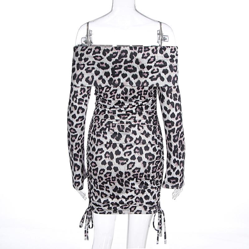 Long sleeve leopard print off shoulder ruched mini dress
