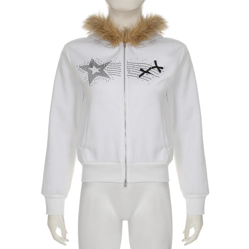Sweat à capuche zippé et moelleux avec perles et nœud papillon, haut à manches longues 