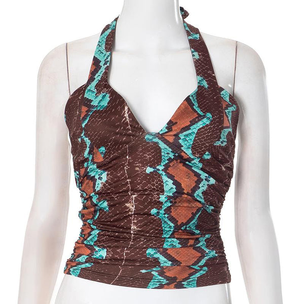 Ruched self tie halter v neck print contrast top
